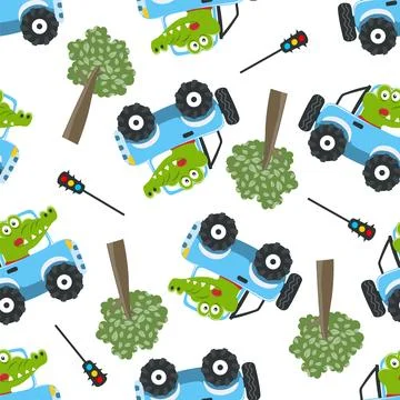 Seamless pattern of cute little crocodile driving a car go to forest イラスト素材