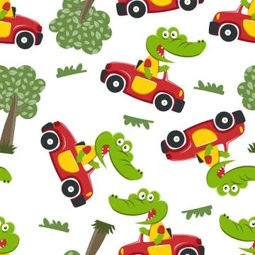 Seamless pattern of cute little crocodile  driving a car go to forest 스톡 일러스트