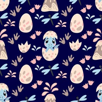 Seamless pattern with a cute little dino and eggs Stock Illustration