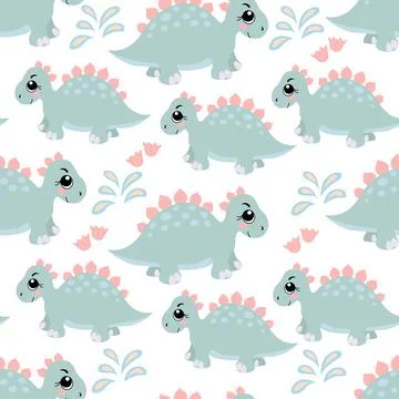 Seamless pattern with a cute little dinosaur Stock Illustration