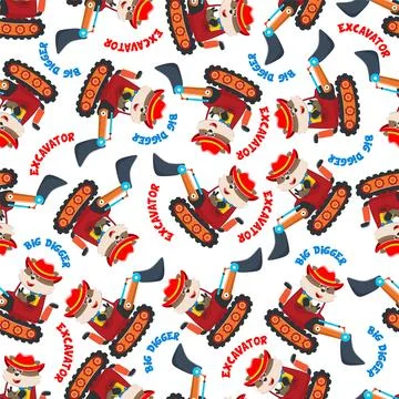 Seamless pattern of Cute little fox on excavator. 스톡 일러스트