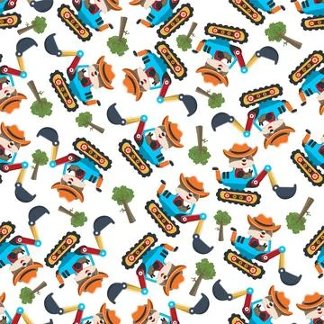 Seamless pattern of Cute little fox on excavator. Illustrazione stock