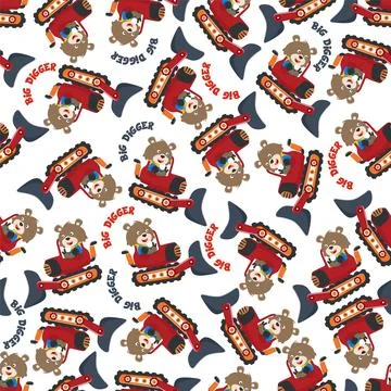 Seamless pattern of Cute little fox on excavator Stock Illustration