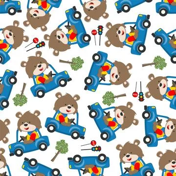 Seamless pattern of cute little FOX driving a car go to forest funny animal イラスト素材