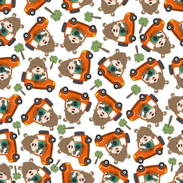 Seamless pattern of cute little FOX driving a car go to forest funny animal Stock Illustration