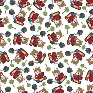 Seamless pattern of Cute little fox on excavator. Can be used for t-shirt 스톡 일러스트