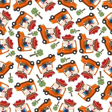 Seamless pattern of cute little FOX driving a car go to forest funny animal Illustrazione stock