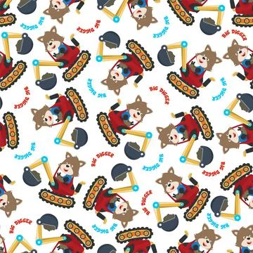 Seamless pattern of Cute little fox on excavator. Can be used for t-shirt Illustrazione stock