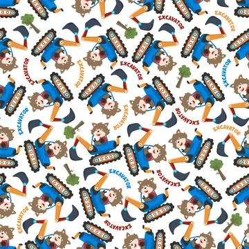 Seamless pattern of Cute little fox on excavator. Can be used for t-shirt Stock Illustration