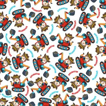 Seamless pattern of Cute little fox on excavator. Can be used for t-shirt イラスト素材