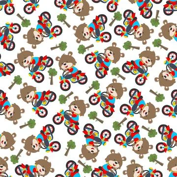 Seamless pattern of cute little fox ride a motorcycle, Illustrazione stock
