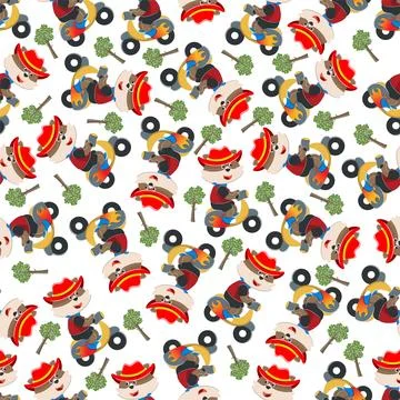 Seamless pattern of cute little fox ride a motorcycle, Stock Illustration