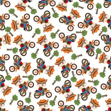 Seamless pattern of cute little fox ride a motorcycle, Stock Illustration