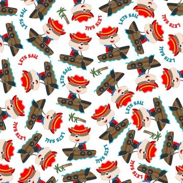 Seamless pattern with cute little fox the sailor, Stock Illustration