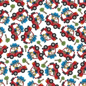 Seamless pattern of cute little FOX driving a car go to forest funny animal イラスト素材