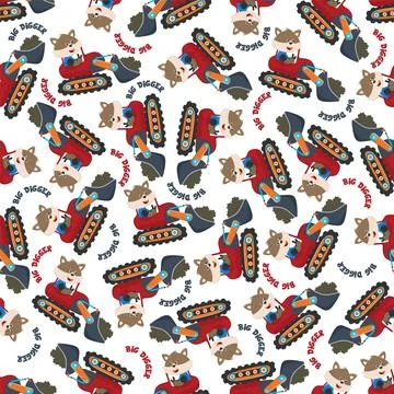 Seamless pattern of Cute little fox on excavator Stock Illustration