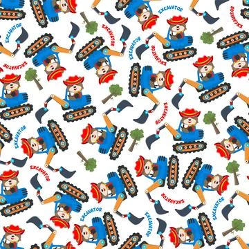 Seamless pattern of Cute little fox on excavator. 스톡 일러스트