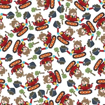 Seamless pattern of Cute little fox on excavator. Can be used for t-shirt Stock Illustration