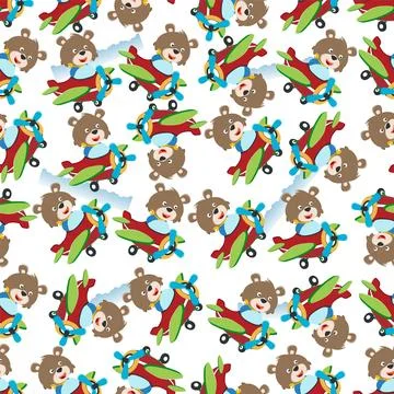 Seamless pattern of Cute little fox flying on a airplane. イラスト素材
