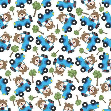 Seamless pattern of cute little fox driving a car go to forest Illustrazione stock