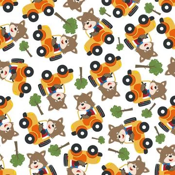 Seamless pattern of cute little fox driving a car go to forest funny animal Stock Illustration