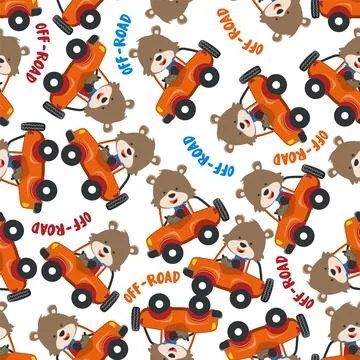 Seamless pattern of cute little fox driving a car go to forest funny animal イラスト素材
