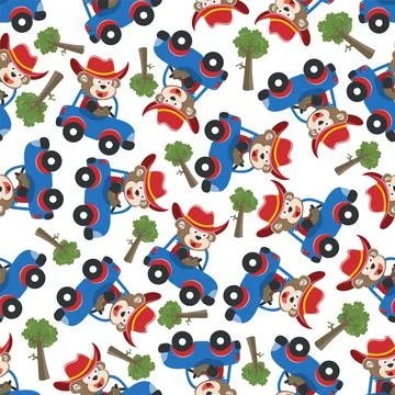 Seamless pattern of cute little fox driving a car go to forest Illustrazione stock