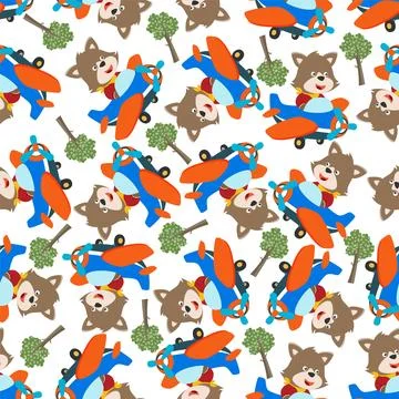 Seamless pattern of Cute little fox flying on a airplane. Stock Illustration