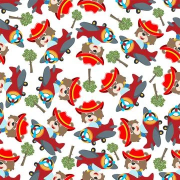 Seamless pattern of Cute little fox flying on a airplane. Stock Illustration