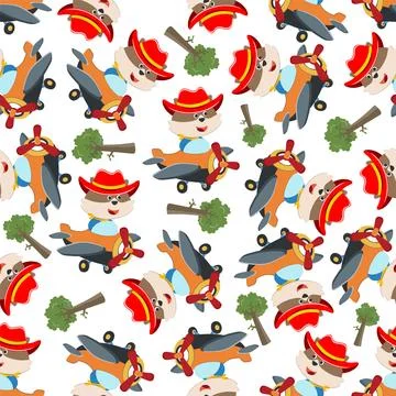 Seamless pattern of Cute little fox flying on a airplane. Stock Illustration