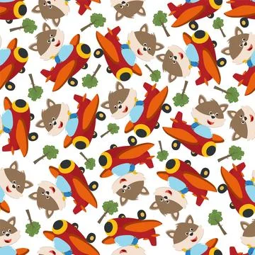 Seamless pattern of Cute little fox flying on a airplane Illustrazione stock