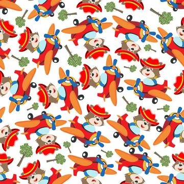 Seamless pattern of Cute little fox flying on a airplane. イラスト素材
