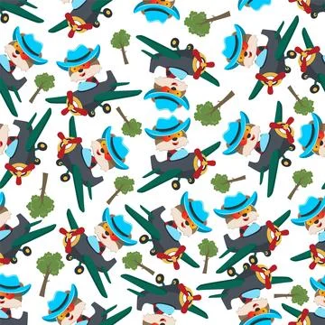 Seamless pattern of Cute little fox flying on a airplane. イラスト素材
