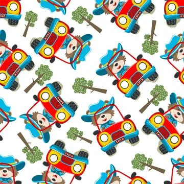 Seamless pattern of cute little fox driving a car go to forest funny animal イラスト素材