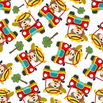 Seamless pattern of cute little fox driving a car go to forest funny animal Illustrazione stock