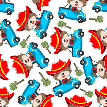 Seamless pattern of cute little fox driving a car go to forest funny animal Illustrazione stock