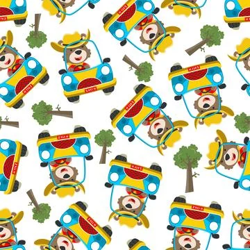 Seamless pattern of cute little fox driving a car go to forest funny animal Illustrazione stock