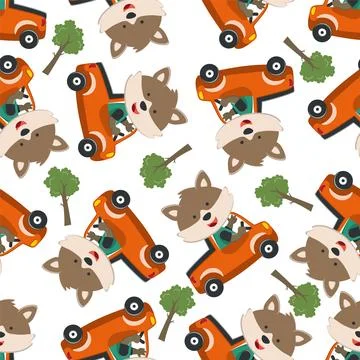 Seamless pattern of cute little fox driving a car go to forest funny animal Illustrazione stock