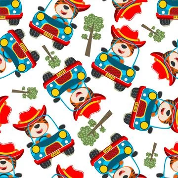 Seamless pattern of cute little fox driving a car go to forest funny animal Illustrazione stock