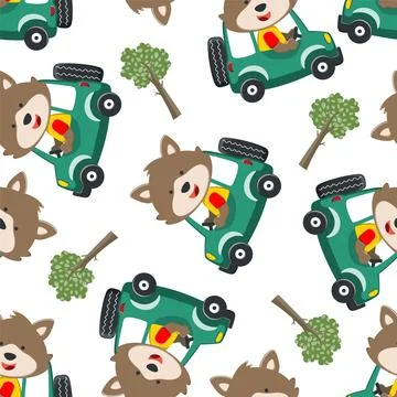 Seamless pattern of cute little fox driving a car go to forest funny animal Illustrazione stock