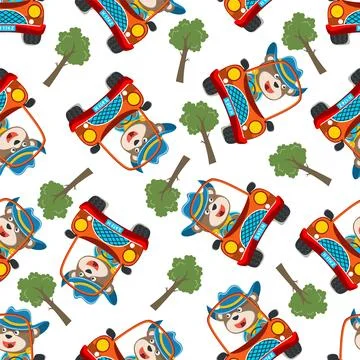 Seamless pattern of cute little fox driving a car go to forest funny animal イラスト素材