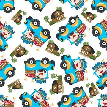 Seamless pattern of cute little fox driving a car go to forest funny animal イラスト素材