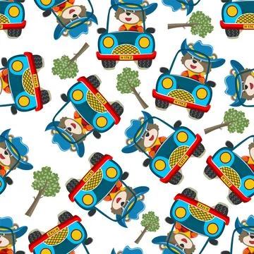 Seamless pattern of cute little fox driving a car go to forest funny animal イラスト素材