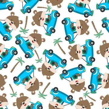 Seamless pattern of cute little fox driving a car go to forest funny animal Illustrazione stock