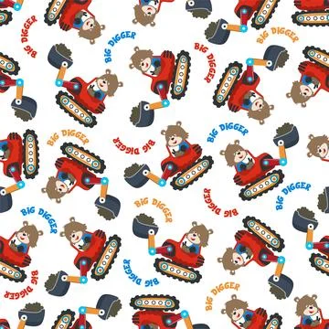 Seamless pattern of Cute little fox on excavator. Illustrazione stock