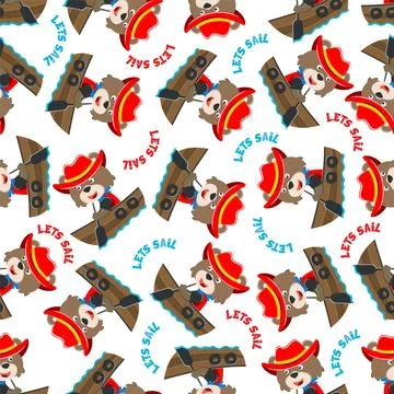 Seamless pattern with cute little fox the sailor, Stock Illustration