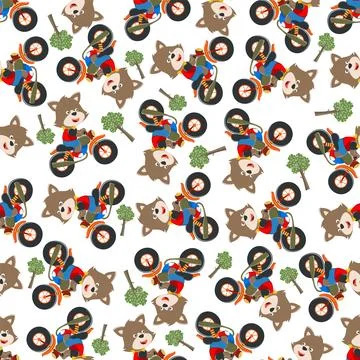 Seamless pattern of cute little fox ride a motorcycle, Stock Illustration