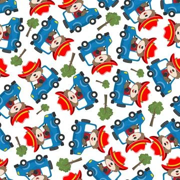 Seamless pattern of cute little FOX driving a car go to forest funny animal. Illustrazione stock