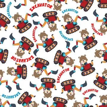 Seamless pattern of Cute little fox on excavator. Stock Illustration