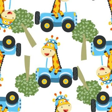 Seamless pattern of cute little giraffe driving a car go to forest funny Stock Illustration